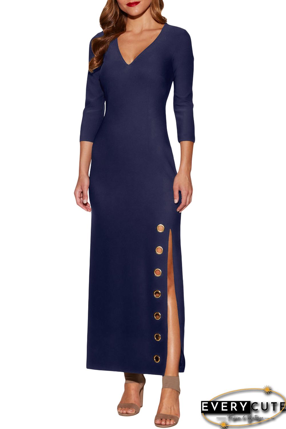 Grommet Side Slit Accent Blue Maxi Dress