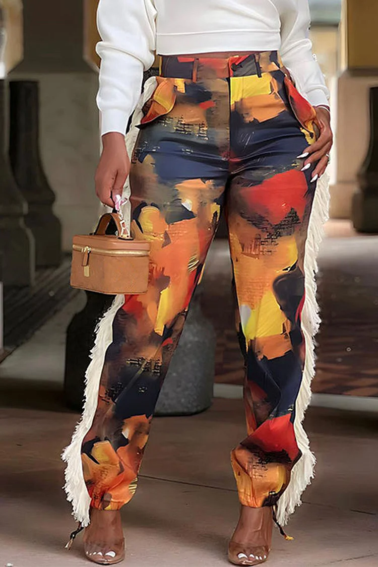 Plus Size Daily Pants Casual Multicolor Print Fall Winter Trimmings Satin Pants With Pocket [Pre-Order]