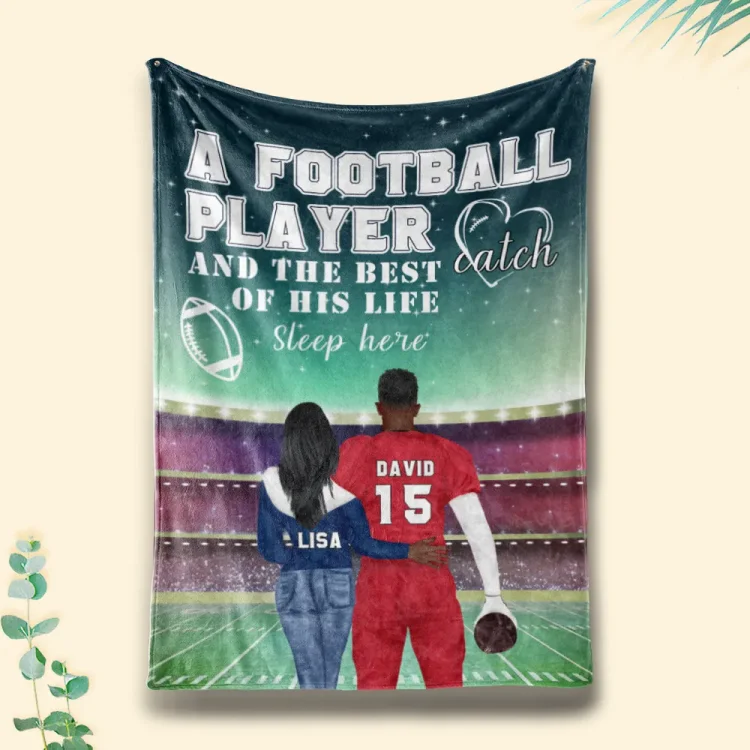 Personalized American Football Couple Blanket - A Player & The Best Catch Of His Life Sleep Here