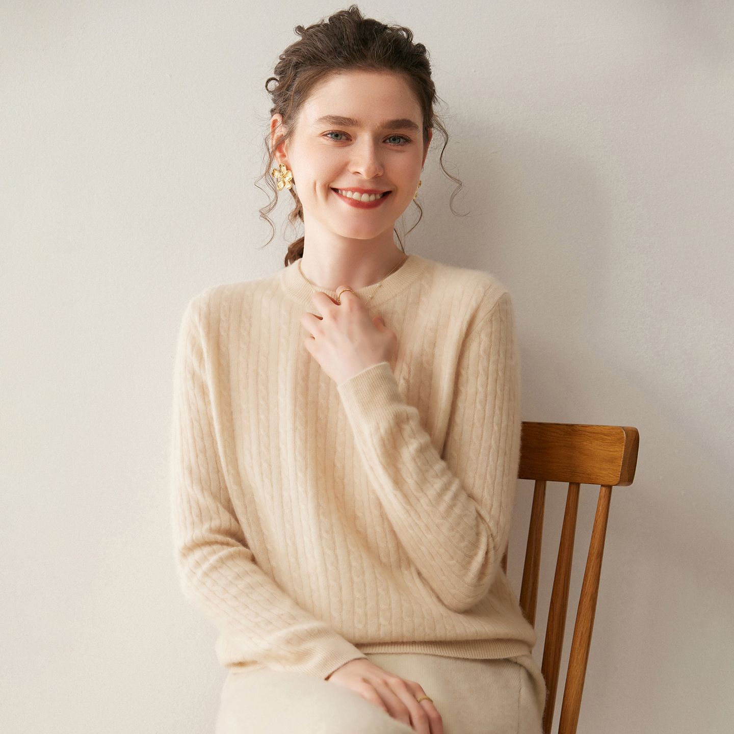 Women's Cable Knit Cashmere Sweater Classic Crewneck REAL SILK LIFE