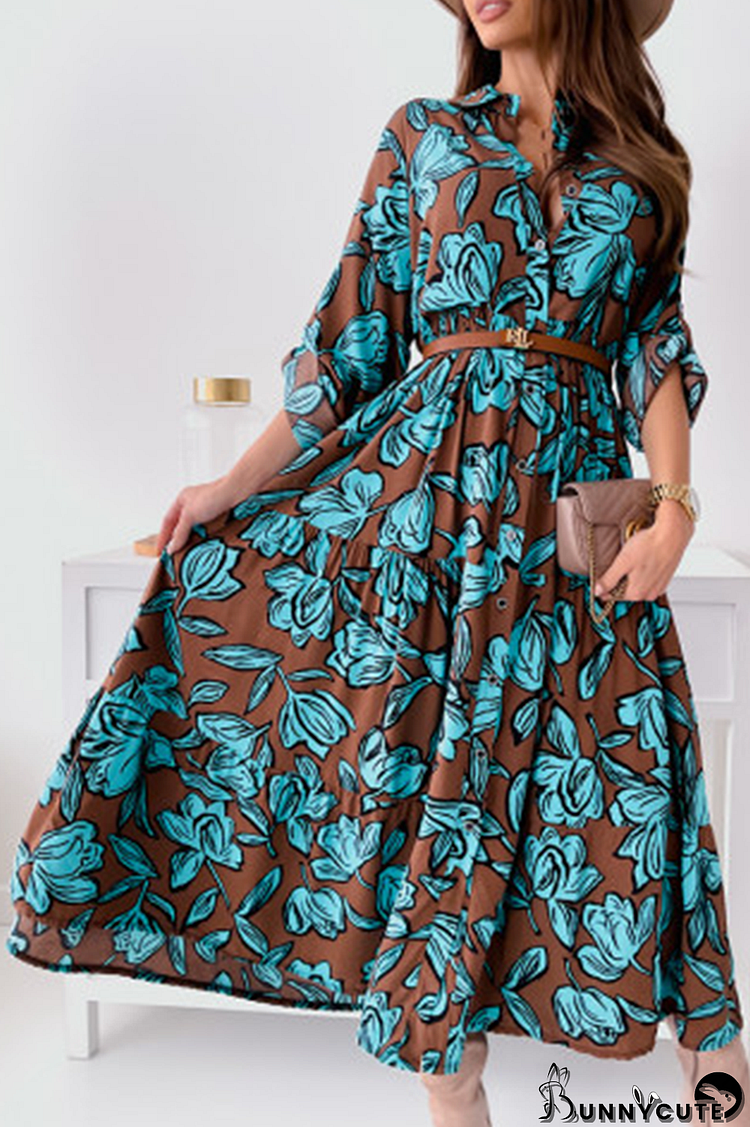 Elegant Floral Split Joint Buckle Turndown Collar A Line Dresses