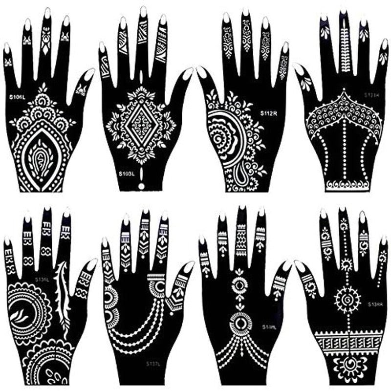 8 Sheets India Henna Tattoo Stencil for Women Girls Hand Finger Body Paint Temporary Self-Adhesive Reusable Tattoo Templates