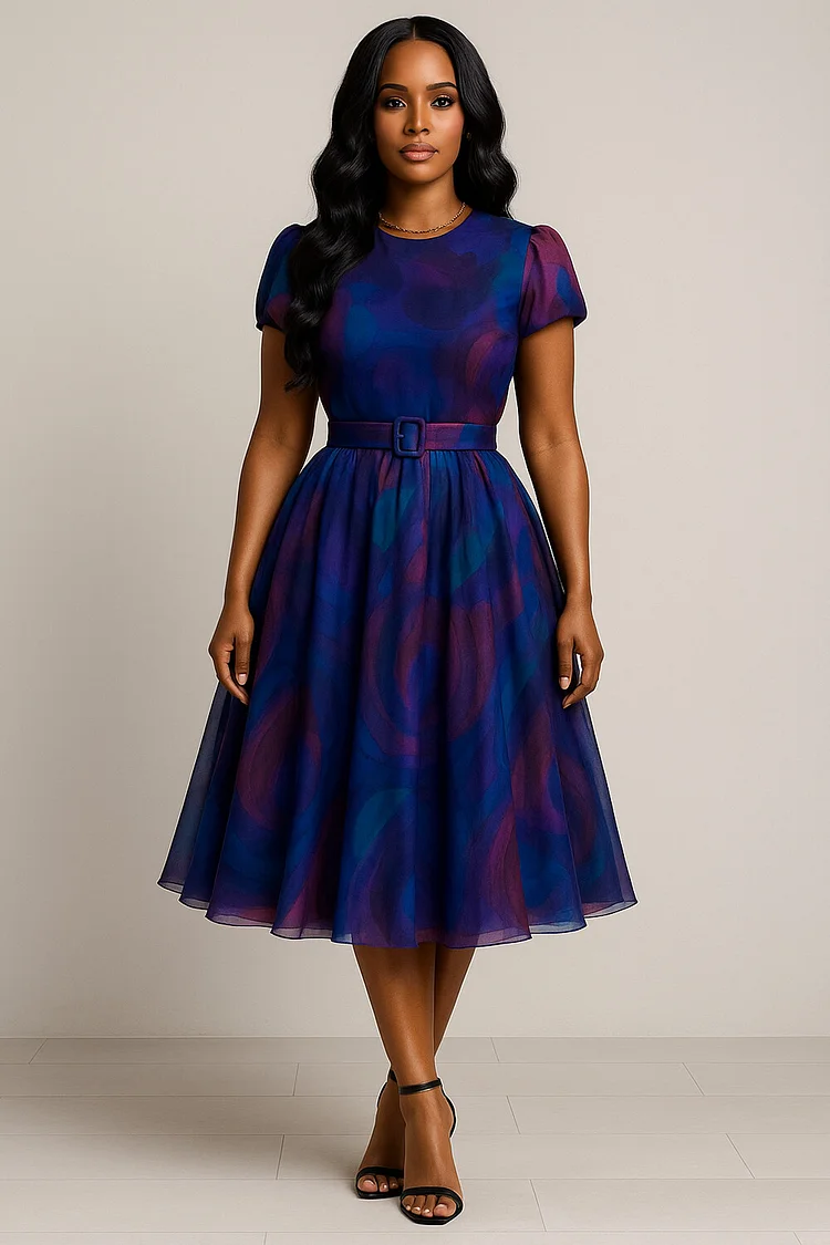 Crew Neck Puff Sleeve Print Mesh A-Line Daily Midi Dresses-Blue [Pre Order]
