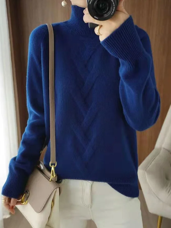 Casual Loose Long Sleeves Solid Color High-Neck Sweater Tops
