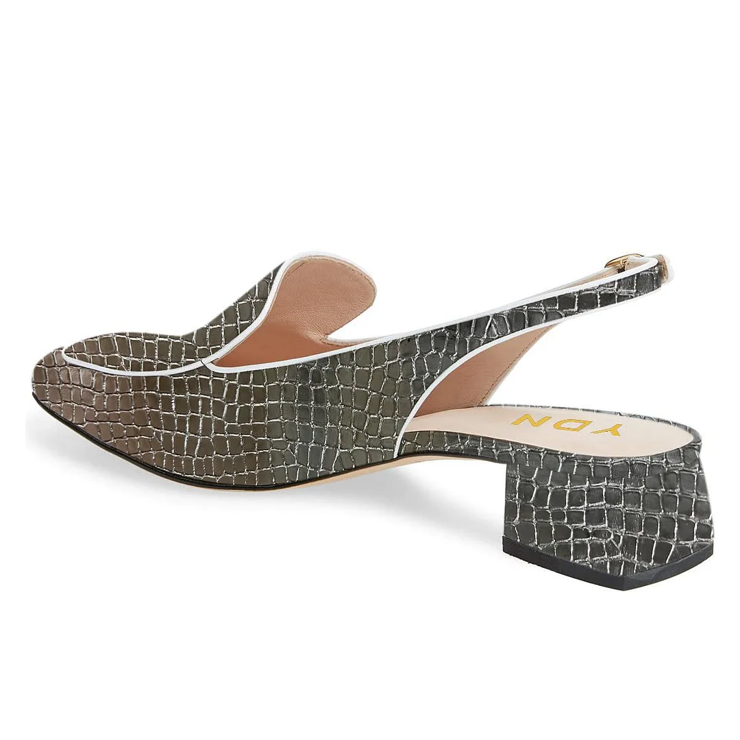 Chic Grey Gradient Embossed Slingback Chunky Heeled Loafers