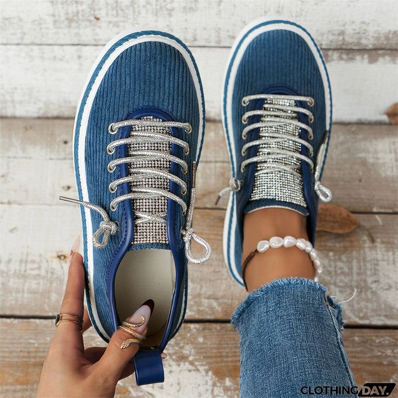 Women's Stylish Thick-Soled Round Toe Lace-Up Rhinestone Casual Shoes