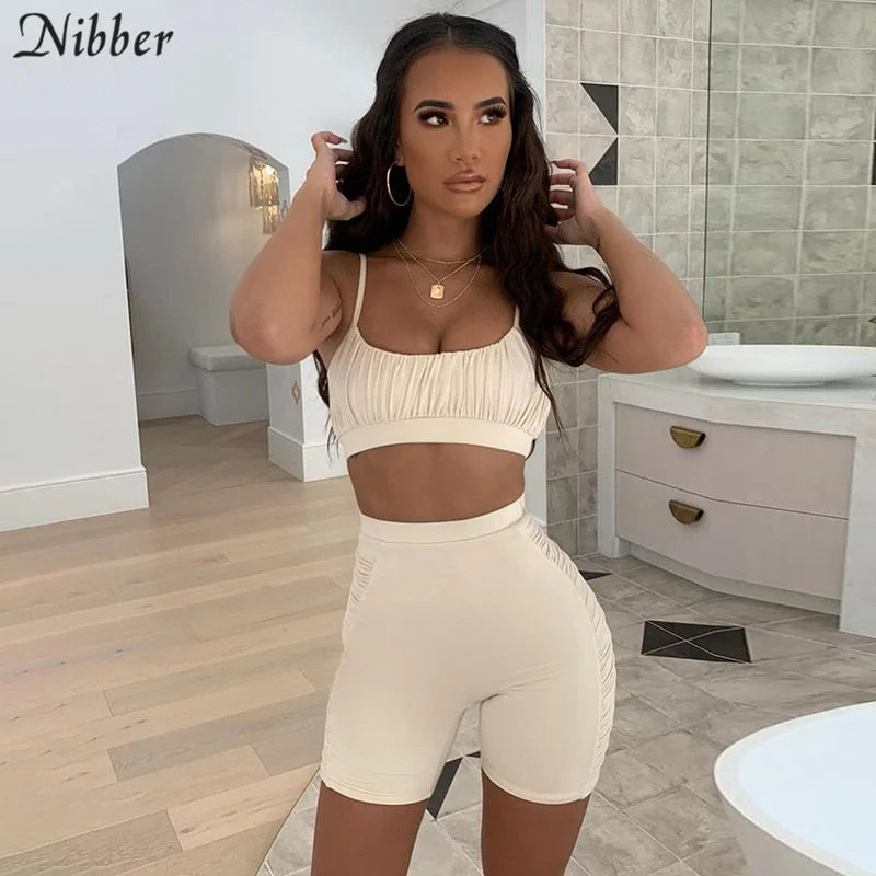Nibber Fitness Ruched women 2 piece set street spaghetti strap biker shorts tracksuit matching set leisure female sport outfit