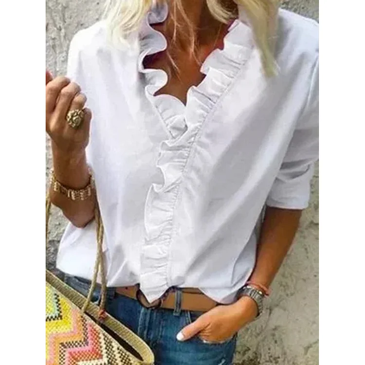 VChics Ruffled Solid Color Long Sleeve Blouse