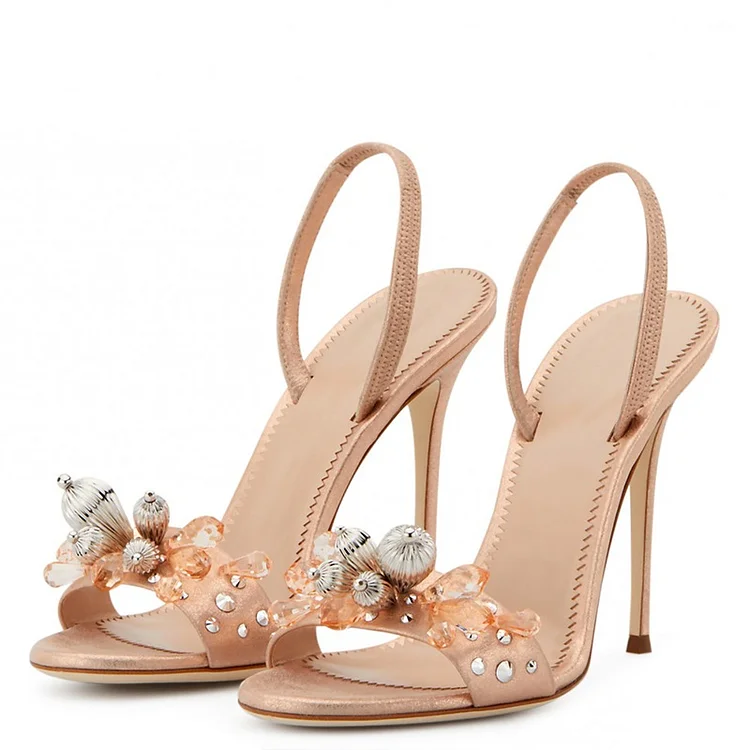 Rose Gold Satin Rhinestones Slingback Heels Sandals |FSJ Shoes
