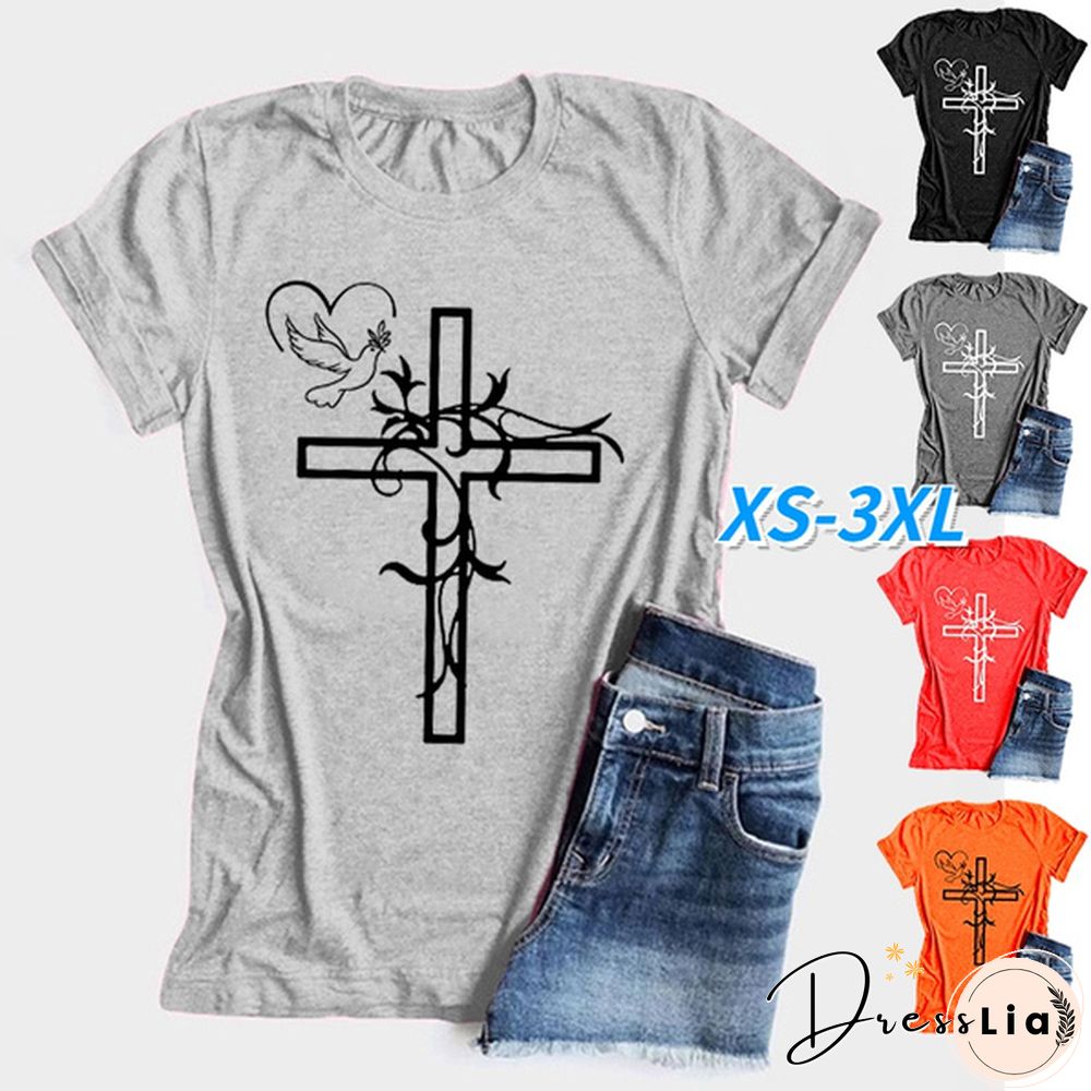 Womens Crew Neck Tees Shirts Summer Tops Christian Solid Color Graphic Tshirts God Faith