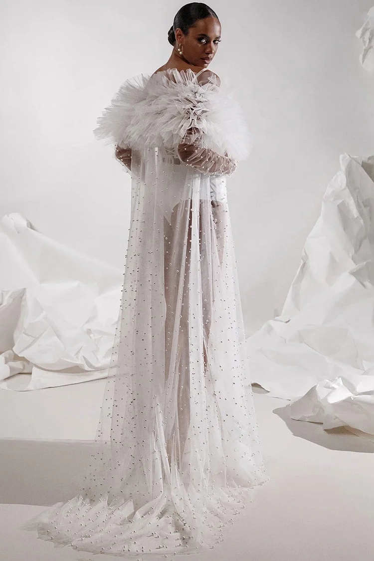 Pearls Ruffled Mesh See-Through Robe-White [Pre-Order]