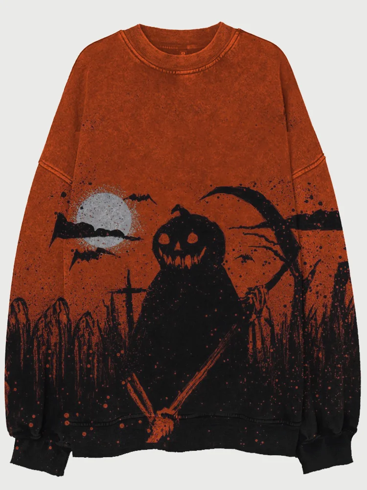 VChics Men's Vintage Halloween Pumpkin Ghost Art Washed Sweatshirt