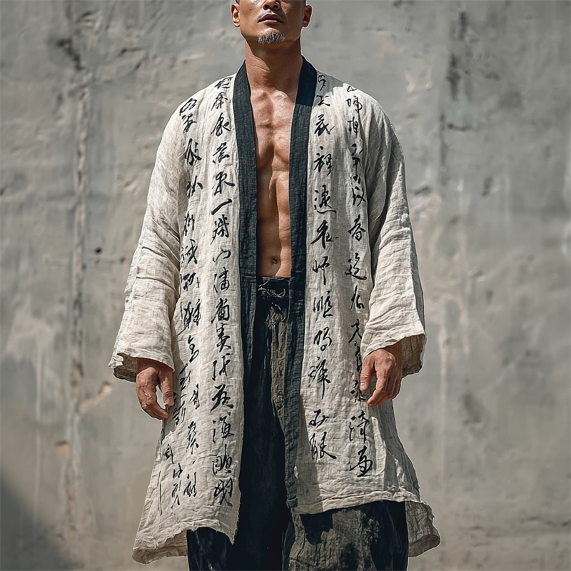 Men's Japanese Calligraphy Art Flowy Linen Kimono  artssus