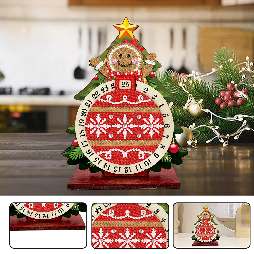 Gingerbread Man DIY Christmas Countdown Diamond Painting Tabletop Ornaments Kit 25 Days Crystal Art Craft Decoration Wooden for Living Room Home Office Decoration