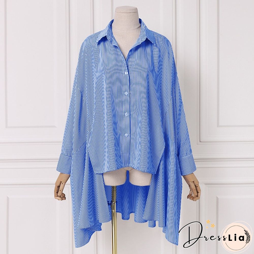 Women Fashion Pleated Ruffled Hem Baggy Irregular Hem Vestido S-5XL Batwing Sleeve Lapel Collar Striped Dresses