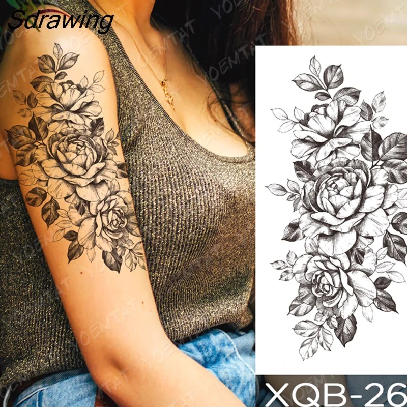 Sdrawing Temporary Tattoo Sticker Rose Snake Flower Tattoos Lace Tiger Dragon Body Art Arm Fake Sleeve Tatoo Women
