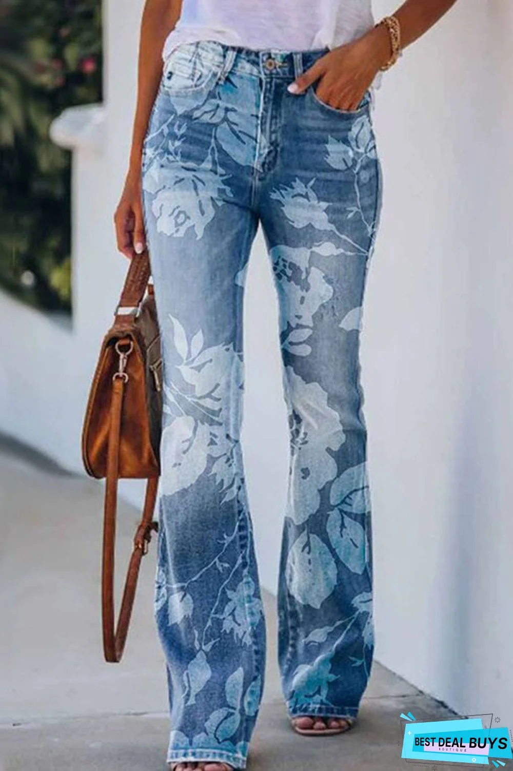 Casual Floral Pocket Regular Denim Jeans