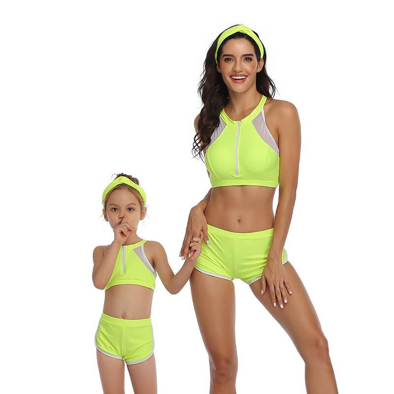 Zipper T Tank with Sporty Shorts 2 Piece Swimsuit in Fluorescent Green Matching Swimsuits