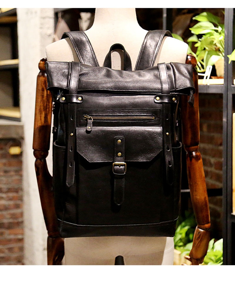 Model Show of Woosir Leather Roll Top Backpack with Pockets