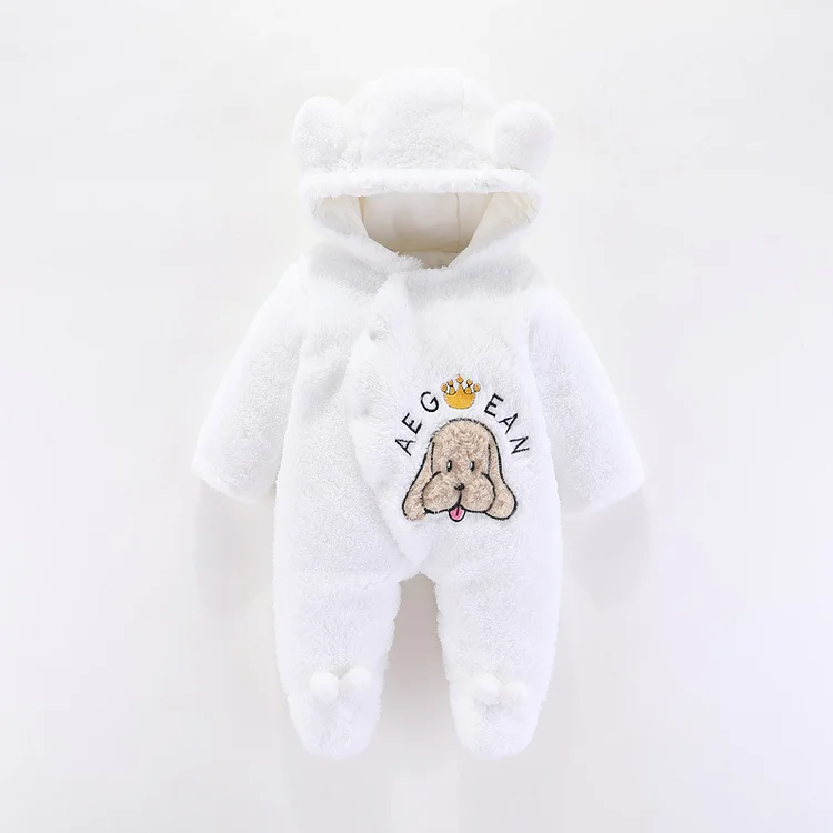 Baby Boy/Girl Puppy Patch Long Sleeve Fluff Hooded Footie Romper