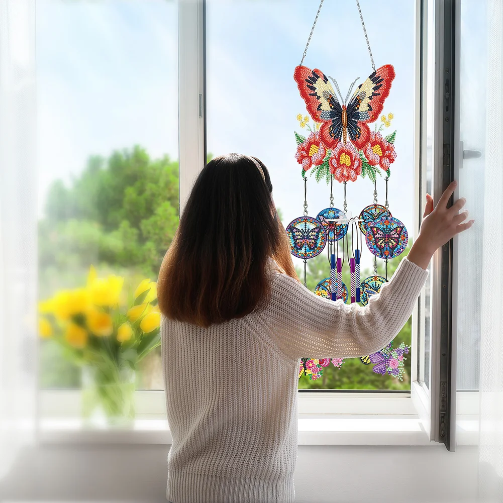DIY Flower Butterfly Double Side Wind Chime Diamond Art Hanging Pendant for Home Decor