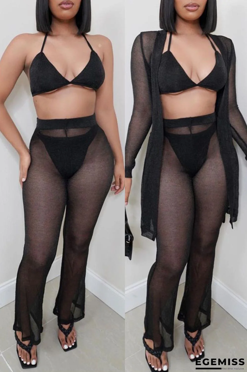 Black Fashion Sexy Solid See-through V Neck Long Sleeve Two Pieces | EGEMISS