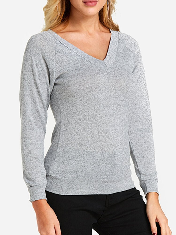Solid Color Plain Knitted V-neck Long Sleeve Casual T-shirt for Women - Shop Trendy Women's Clothing | LoverChic