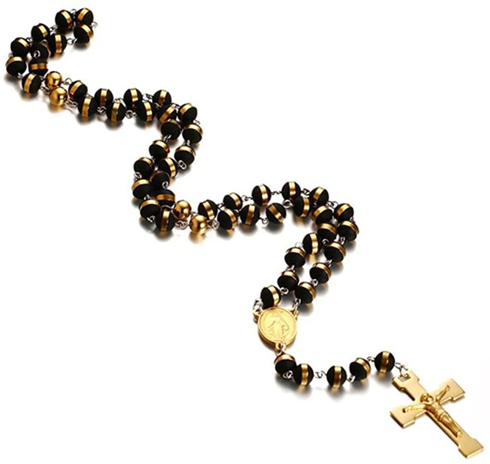 JAJAFOOK Mens Black Stainless Steel Black Gold Silicone Beads Rosary Necklace with Cross Pendant