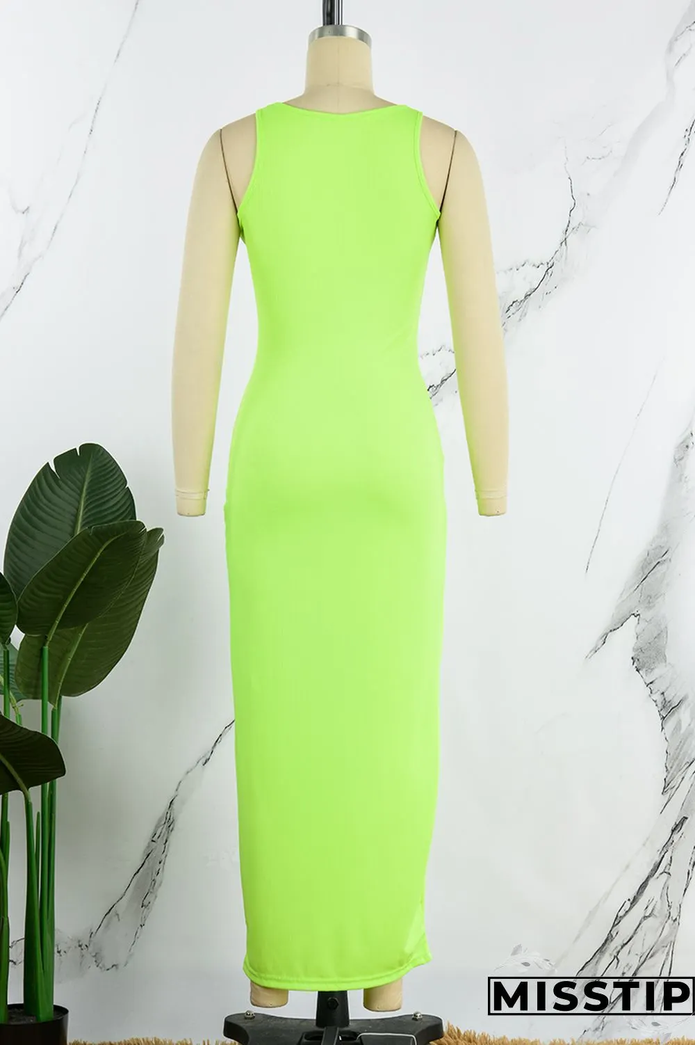 Fluorescent Green Sexy Solid Basic U Neck Vest Dress Dresses