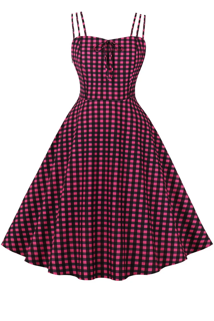 1950s Red Casual Plaid Straps Cami A-line Swing Midi Dress
