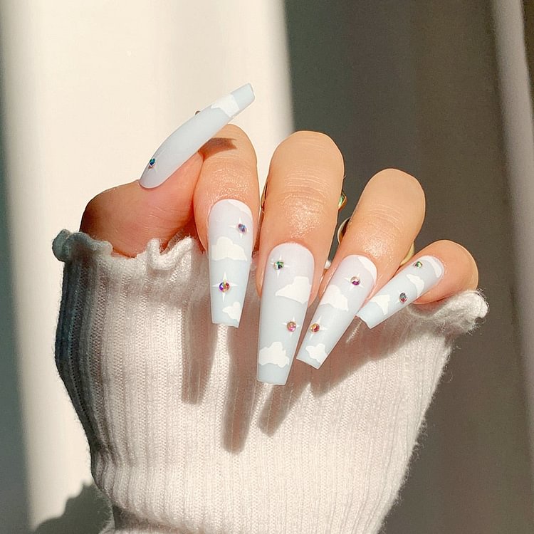 24pcs False Nails with Clouds Print Design Long Coffin Fake Nail Patch Women Full Finished Coffin Ballerina False Nail Patch