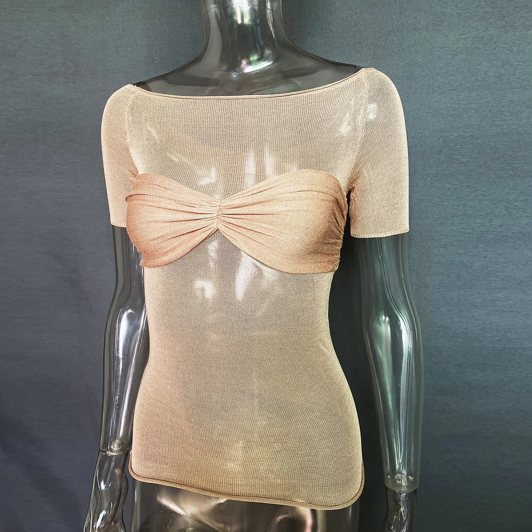 Uveng Spring And Summer Explosion Women's Dress A Word Collar Perspective Short-Sleeved T-Shirt Top