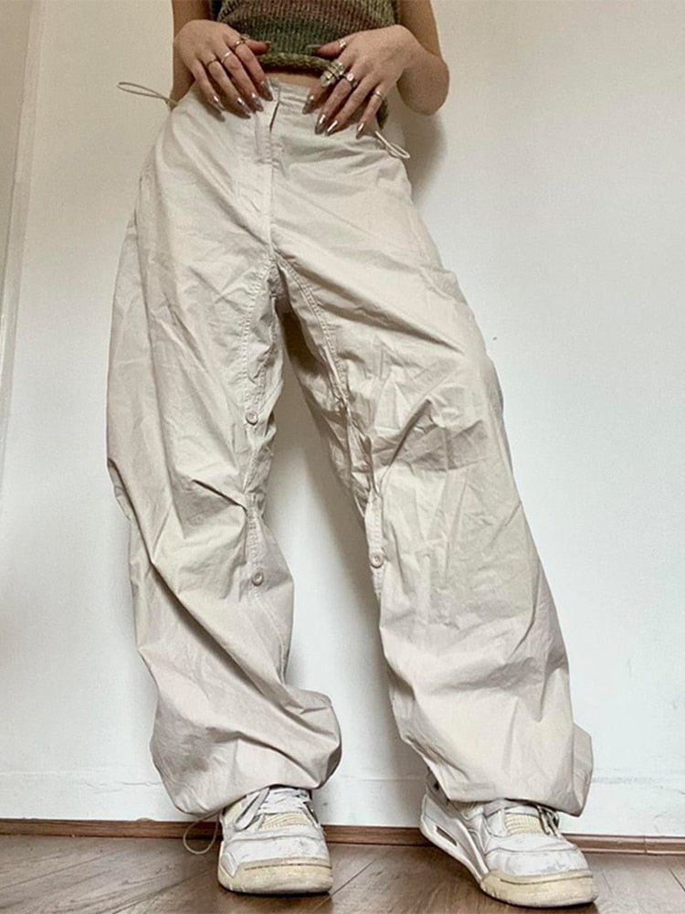 Jacqueline Y2K Wide Leg Cargo Pants Women Drawstring Baggy Low Waist Fashion Hippie Trousers Pocket Casual Street Vintage Brown