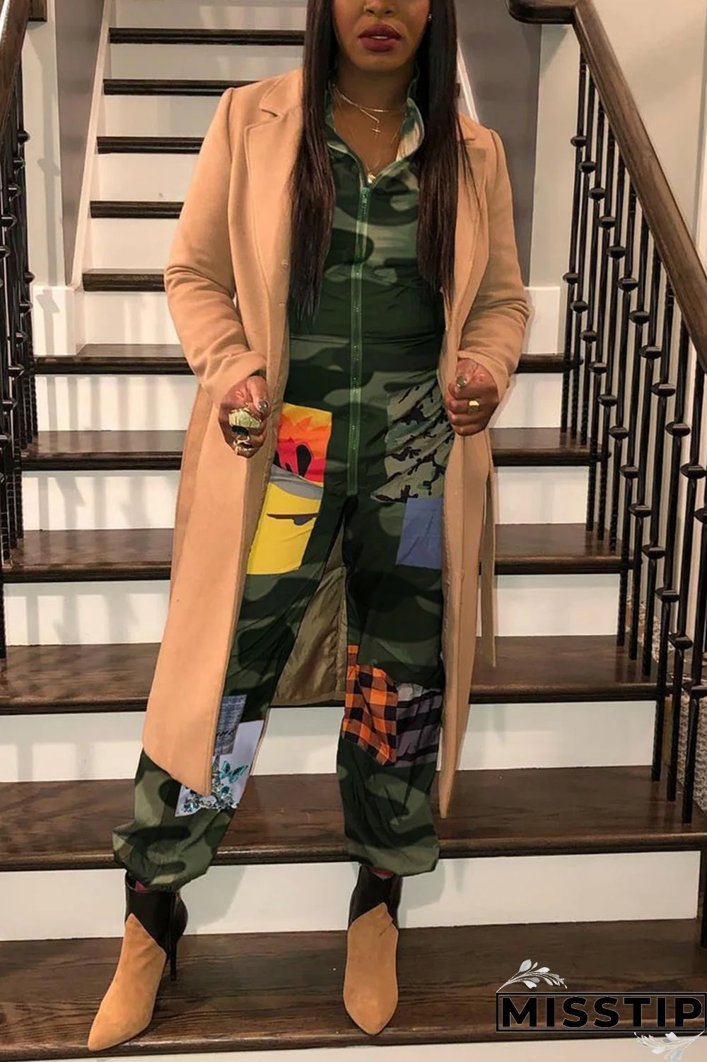 Leopard print Chemical fiber blend Sexy zipper Leopard Print Camouflage Zippered Zipper Plus Size