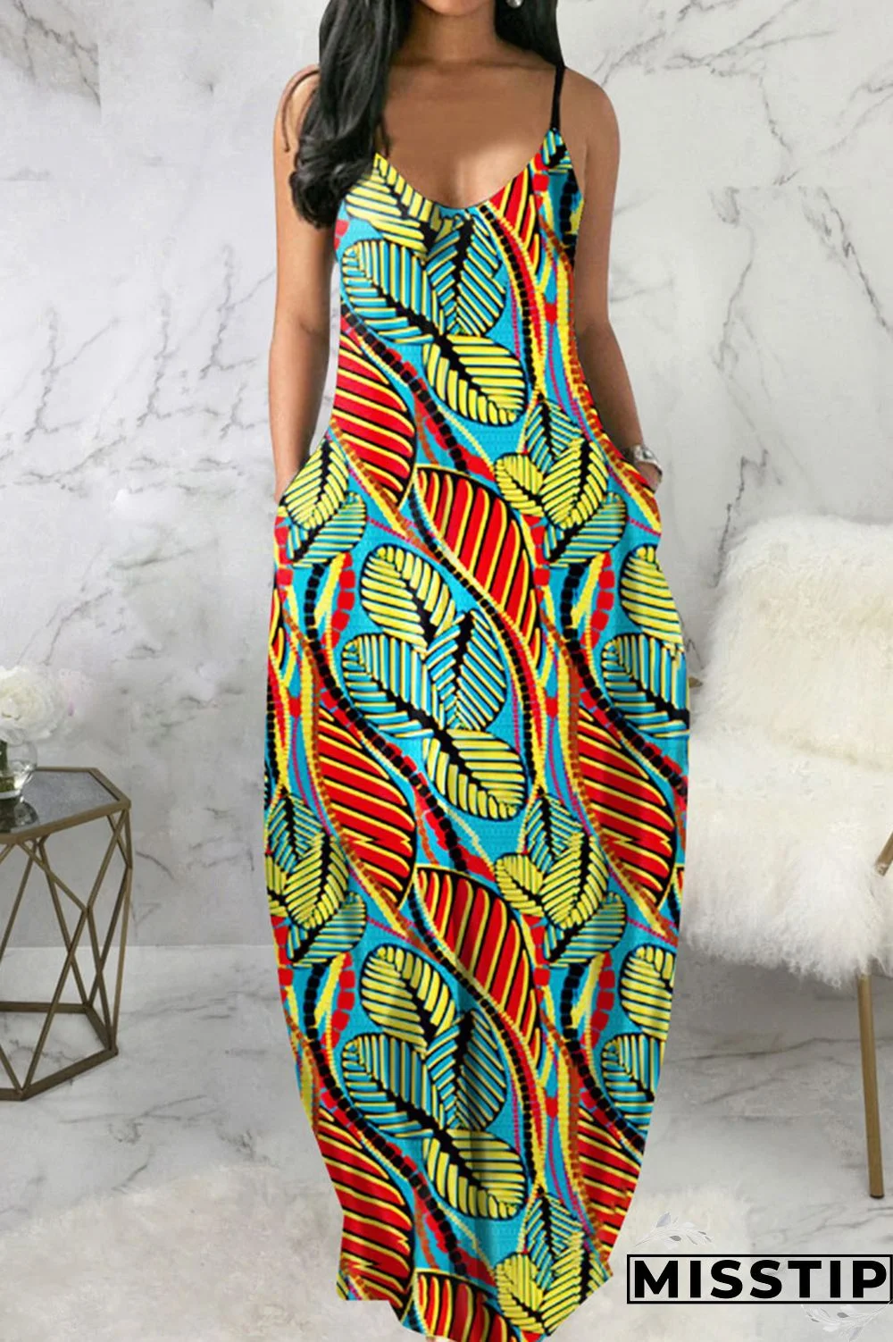 Blue Black Casual Print Patchwork Spaghetti Strap Sling Dress Dresses