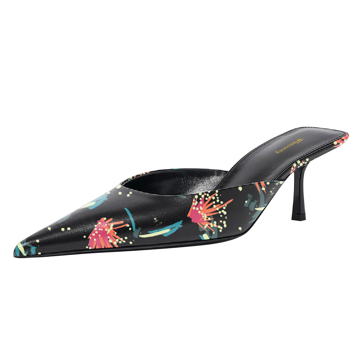 Black Flower Printed Kitten Heel Mules Shoes with Pointed Toe Nicepairs