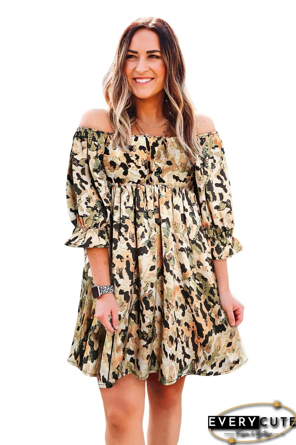 Multicolor Abstract Print Shirred Half Sleeve Square Neck Mini Dress