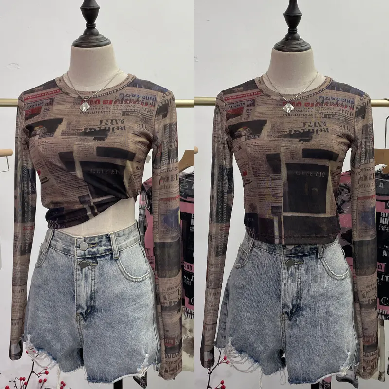 Churchf Real Shooting Front Double-Layer Tie-Dye Printing Mesh Long-Sleeved Top Short High-Waisted T-Shirt T-Shirt 8960