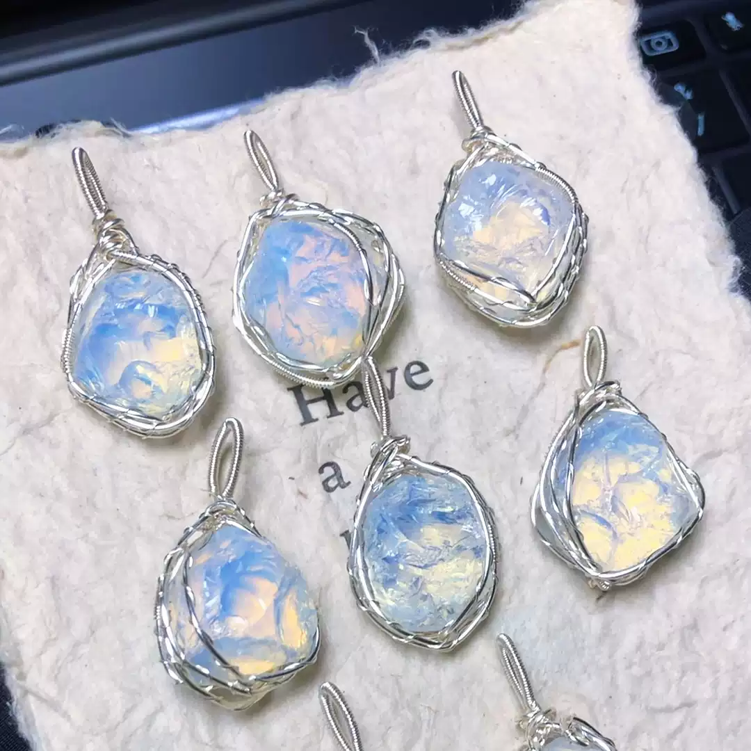 Natural rough opal winding pendant handmade clavicle chain - flatlay