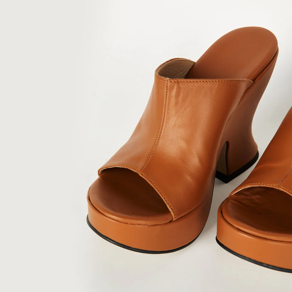 Women's Tan Open Toe Wide Strap Casual Slip On Platform Mule Heels
