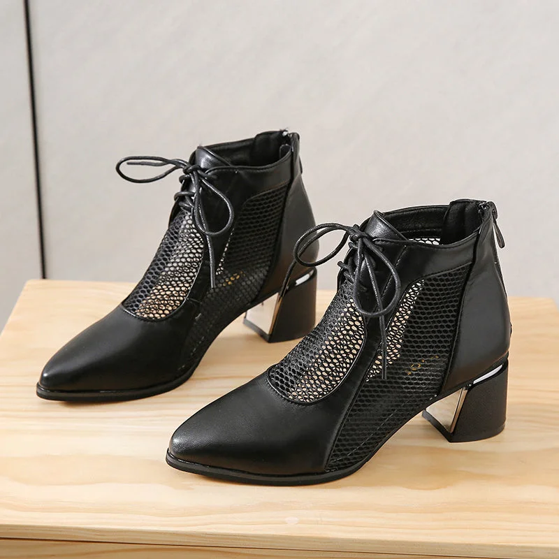 2022 Summer Sexy Black Ankle Boots For Women Mesh Breathable High Heels Botas De Mujer Pointed Toe Thick Heeled Sandals