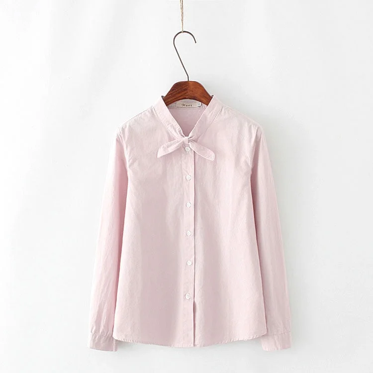 Spring Autumn Women Tops Bow Cute Ladies Blouses Casual Long Sleeve Shirt Cotton Preppy Style Blouse Solid Camisa Feminina