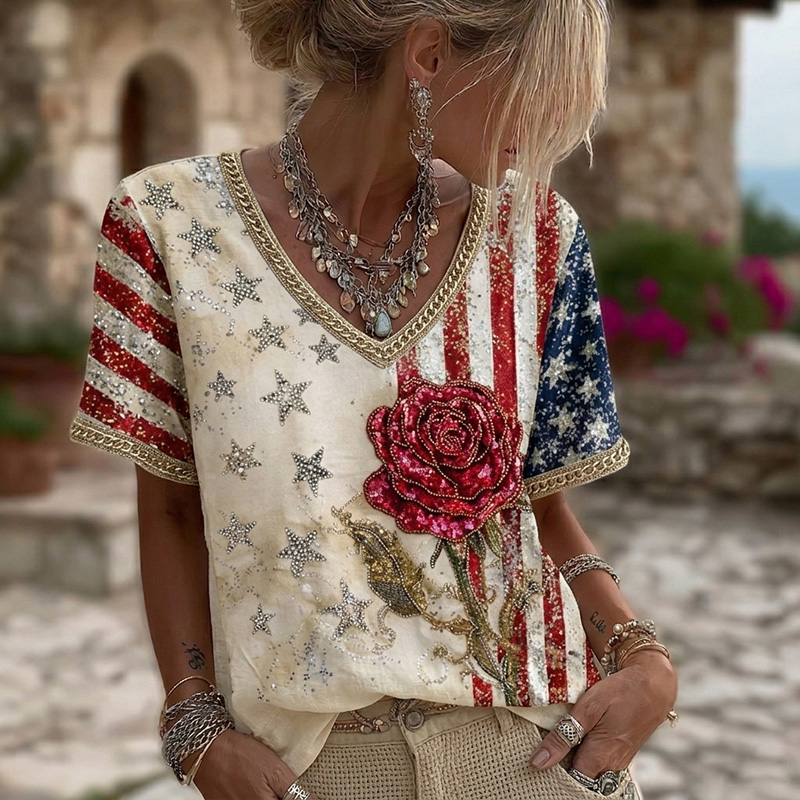  Women's Usa Inspired Floral Linen Blend T-shirt Westsshops