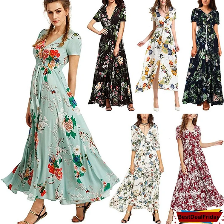 New Spring And Summer Women's Split Dress Printed Beach Dress Elegant Long Skirt Plus Size S-5Xl