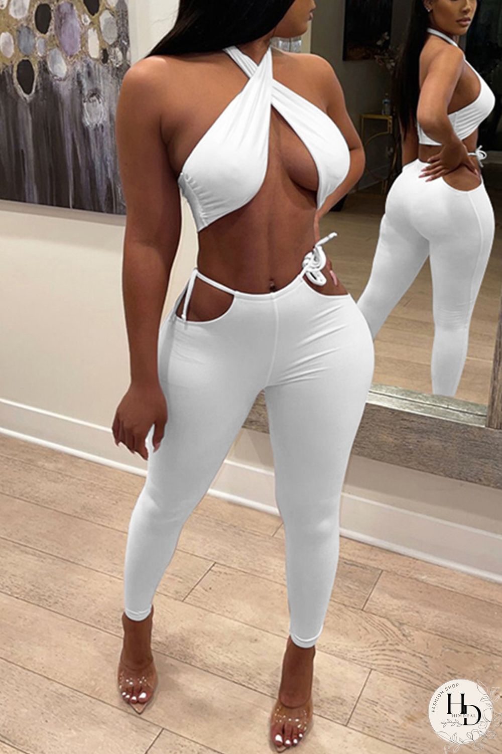 White Fashion Sexy Solid Backless Halter Sleeveless Two Pieces