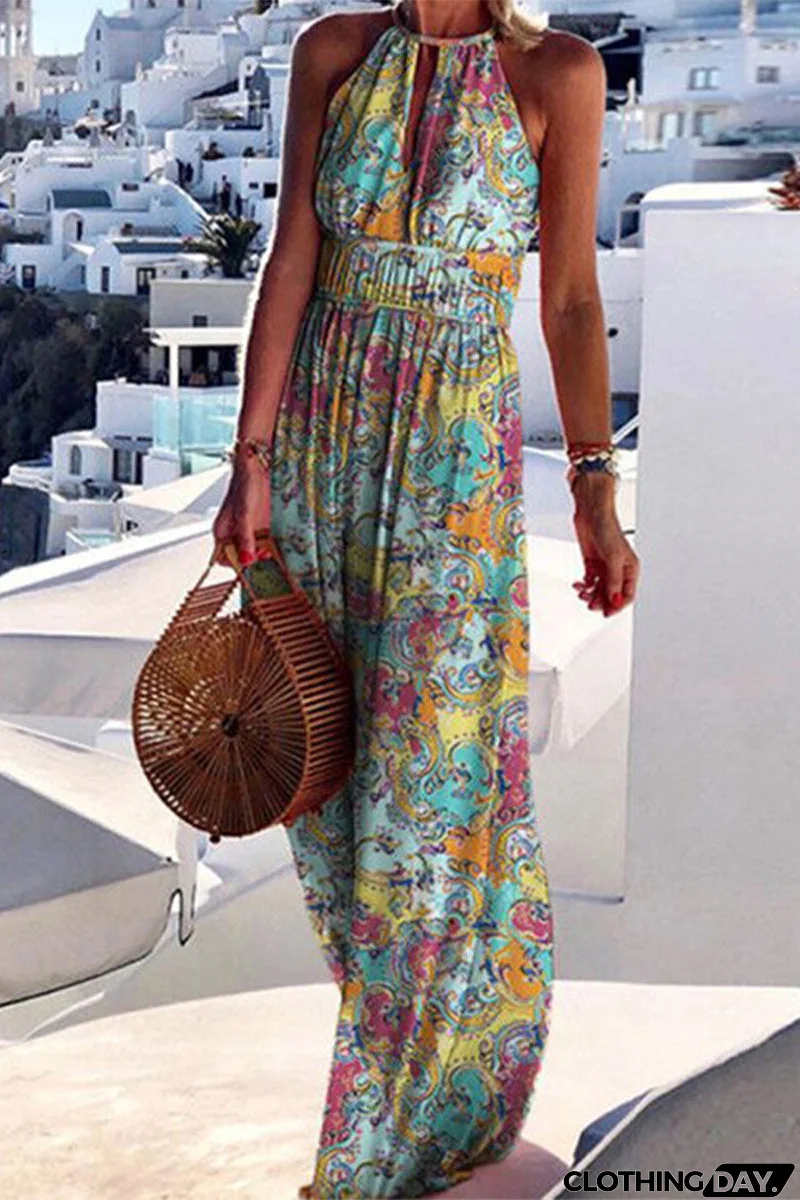 Street Geometric Print Printing Halter A Line Dresses(4 Colors)