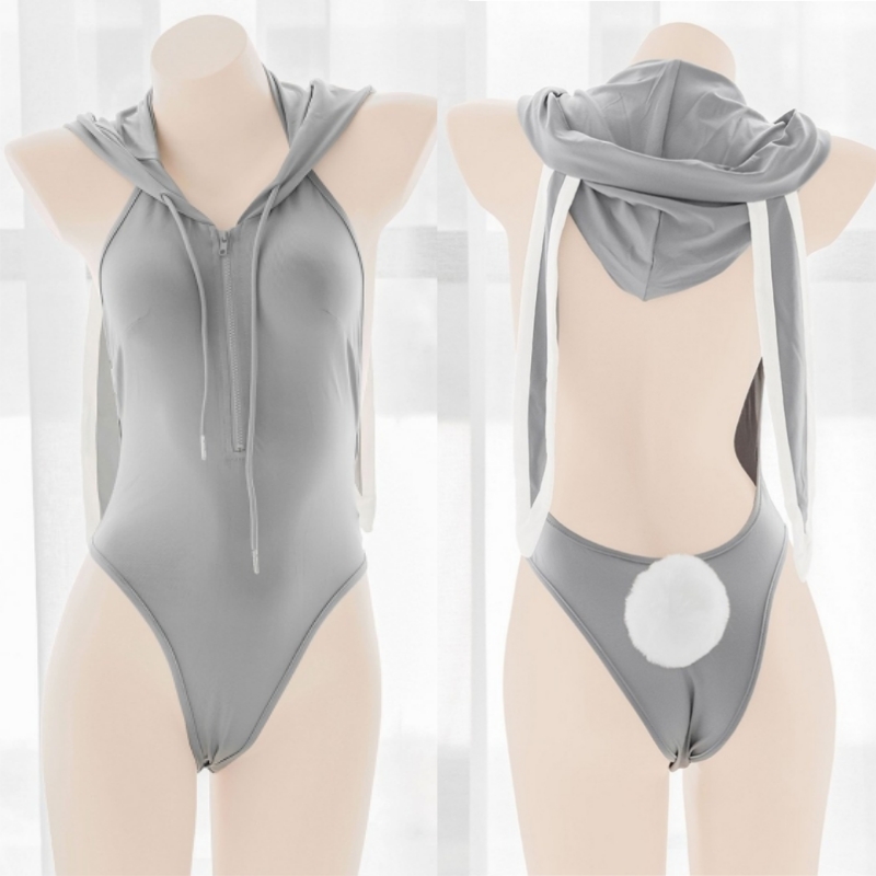 Lovingerie - Gray Bunny Bodysuit Women  Zipper Sexy Lingerie Set