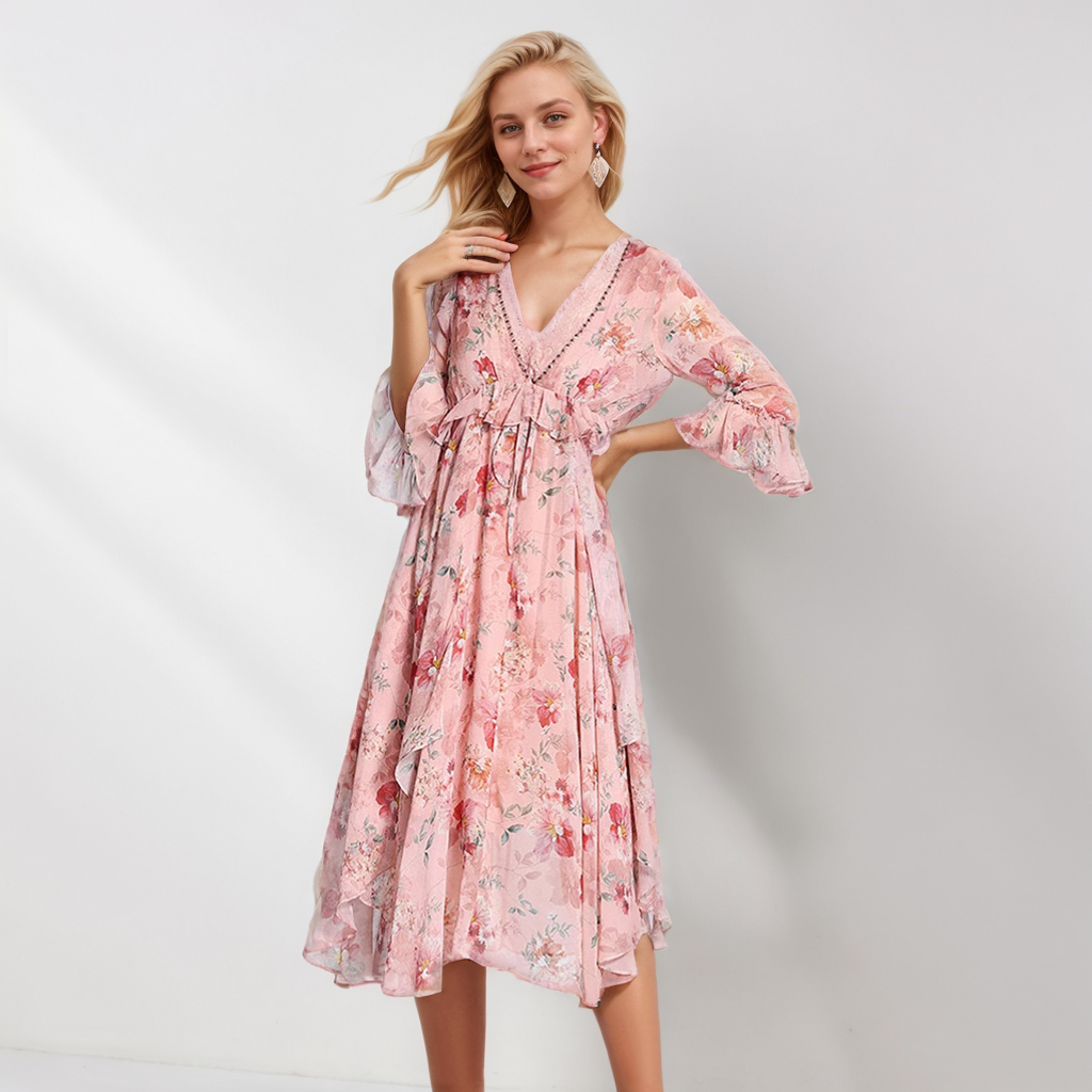 Women's Silk Dress Flared Sleeves For Wedding Guest REAL SILK LIFE