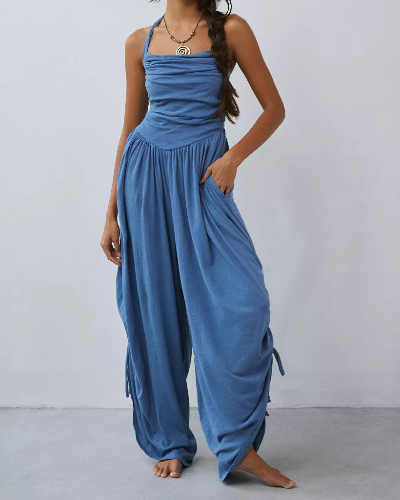Halterneck Ruched Detail Wide Leg Jumpsuit