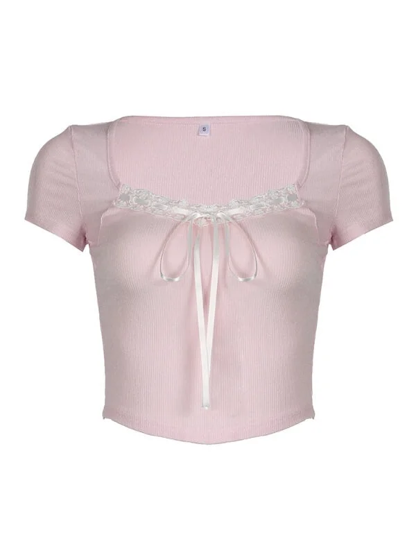 Elegant Pink Lace Bow Top